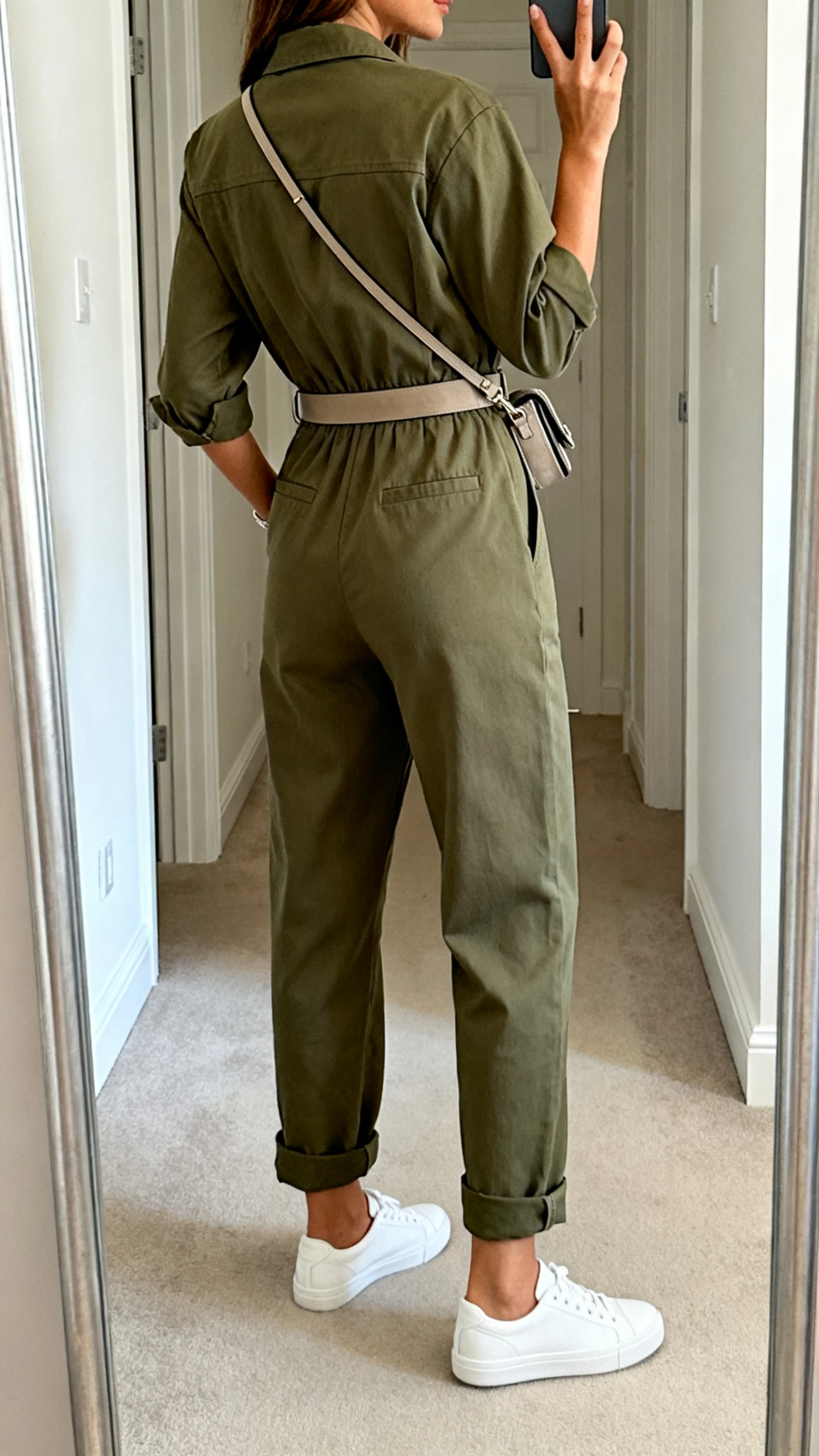 iPhone back-view mirror selfie of a woman in an olive utility jumpsuit with a defined waist, rolled cuffs, white low-top sneakers, and a crossbody belt bag, face not visible, hallway mirror, natural daylight, iPhone photo quality.
