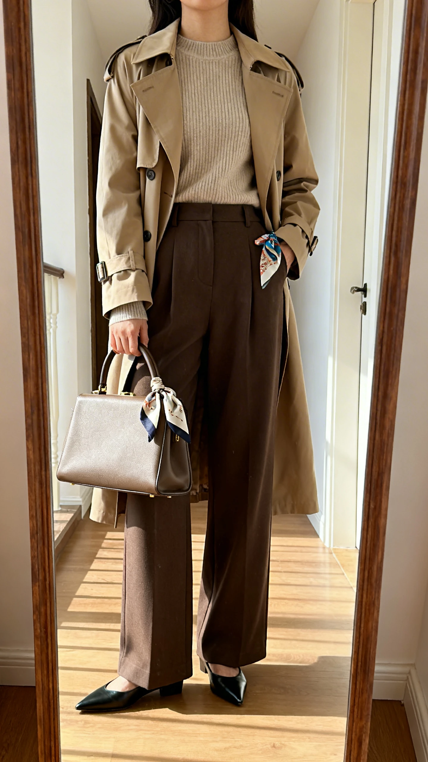 iPhone back view of a woman in a classic trench coat over a fine-gauge sweater and high-waisted wide-leg trousers, pointed flats, structured top-handle bag, and a silk scarf peeking from pocket; face not visible, hallway full-length mirror, natural daylight, iPhone photo quality.