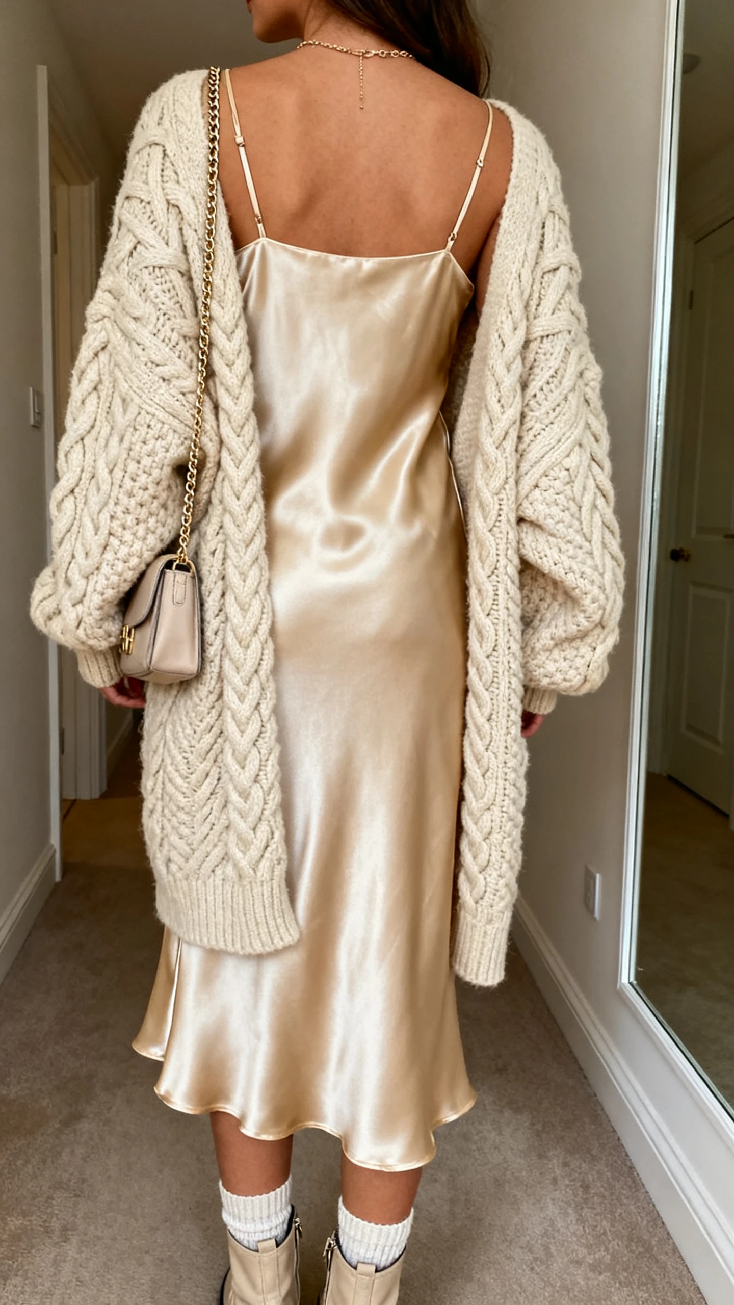 iPhone back view of a woman wearing a champagne satin slip dress layered with a chunky oversized cable-knit cardigan, ankle sock boots, dainty chain, and a small shoulder bag, face not visible, hallway mirror, warm indoor light, iPhone photo quality.