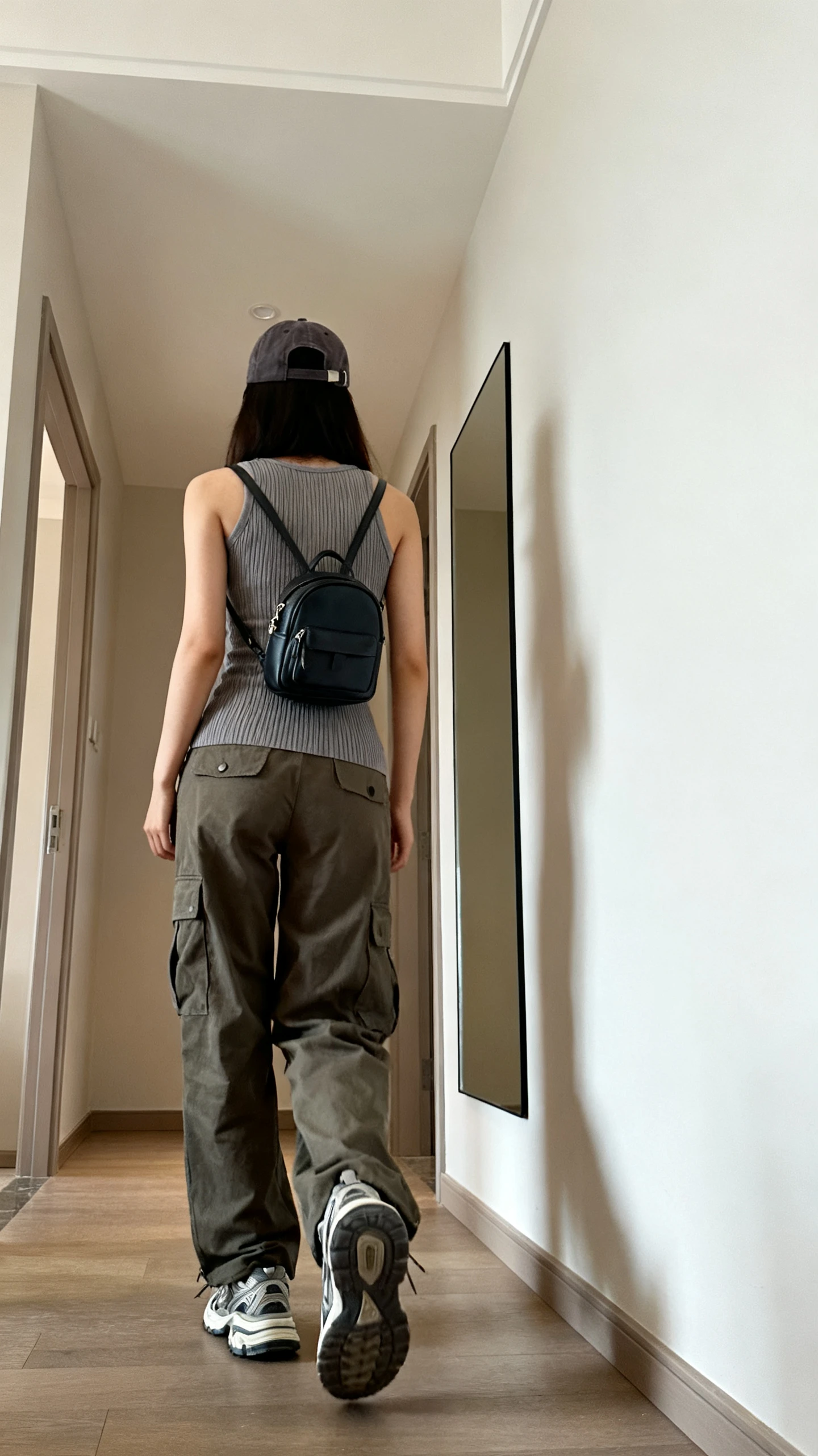 iPhone back-view photo of a woman wearing cargo pants with a fitted ribbed tank, chunky sneakers, a baseball cap, and a mini backpack, face not visible, walking pose toward a hallway mirror, natural daylight, iPhone photo quality.