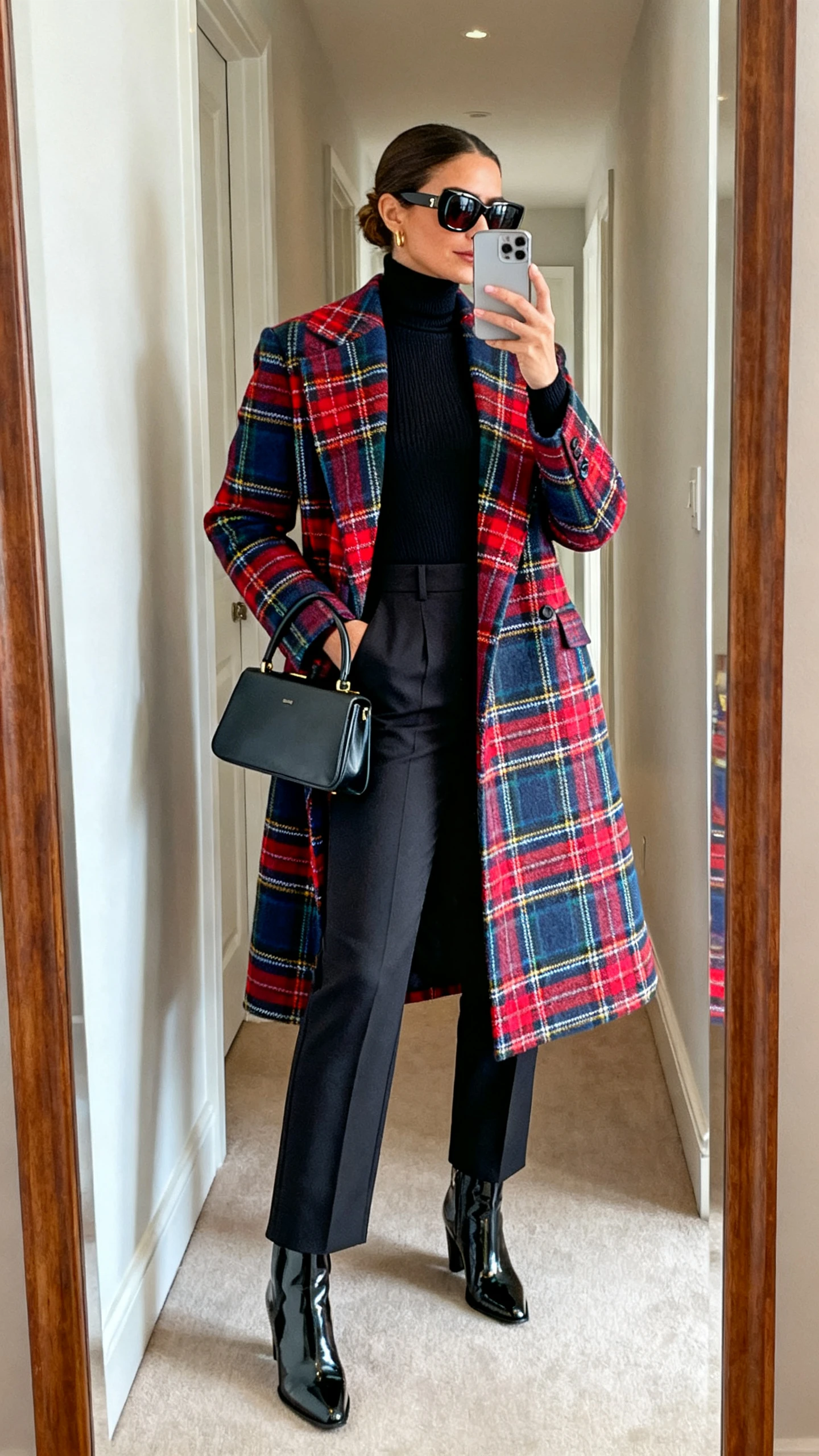 iPhone back-view selfie of a woman wearing a vibrant plaid statement coat over a fitted black turtleneck, tailored cigarette pants, polished ankle boots, structured top-handle bag, and bold sunglasses; face not visible, hallway full-length mirror, natural daylight, iPhone photo quality.