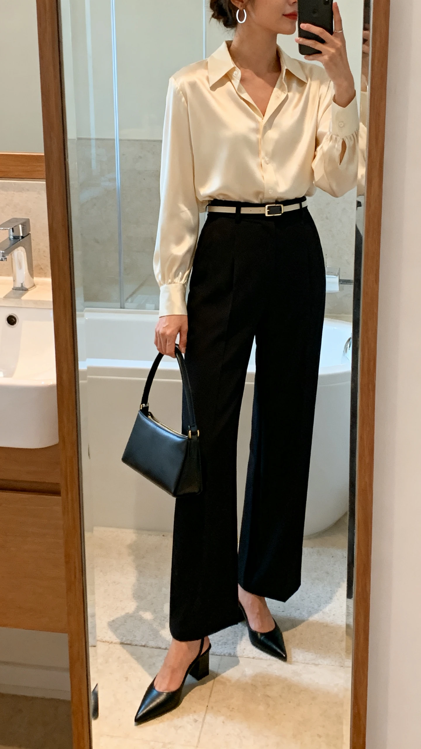 iPhone mirror selfie of a woman in a cream silk blouse tucked into high-waisted black wide-leg trousers, pointed block-heel pumps, slim belt, simple hoop earrings, and a structured top-handle bag; face not visible, side angle, bathroom mirror, soft indoor lighting, iPhone photo quality.