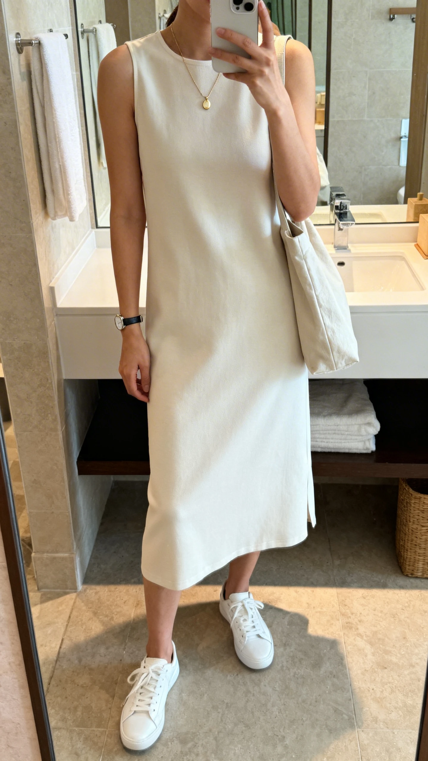 iPhone mirror selfie of a woman in a minimal midi dress with clean white sneakers, delicate pendant necklace, slim watch, and a soft shoulder bag; face not visible, cropped at shoulders, bathroom mirror, natural indoor lighting, iPhone photo quality.