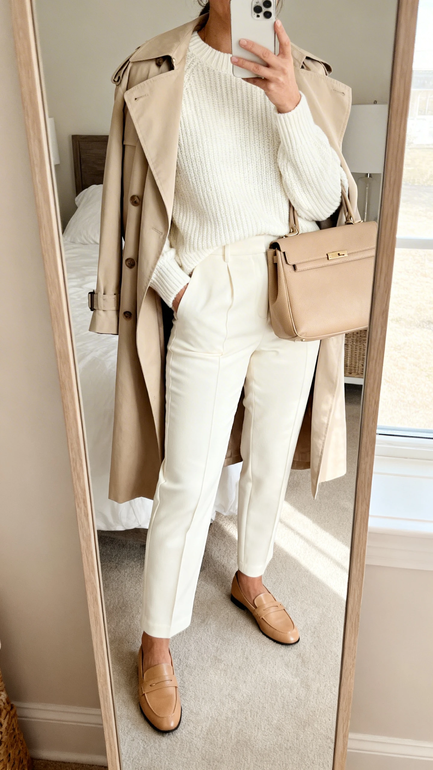 iPhone mirror selfie of a woman in a monochrome cream outfit: cream knit, cream tailored trousers, beige trench draped over shoulders, tan loafers, and a sand-toned tote, face not visible, bedroom mirror, soft morning window light, iPhone photo quality.