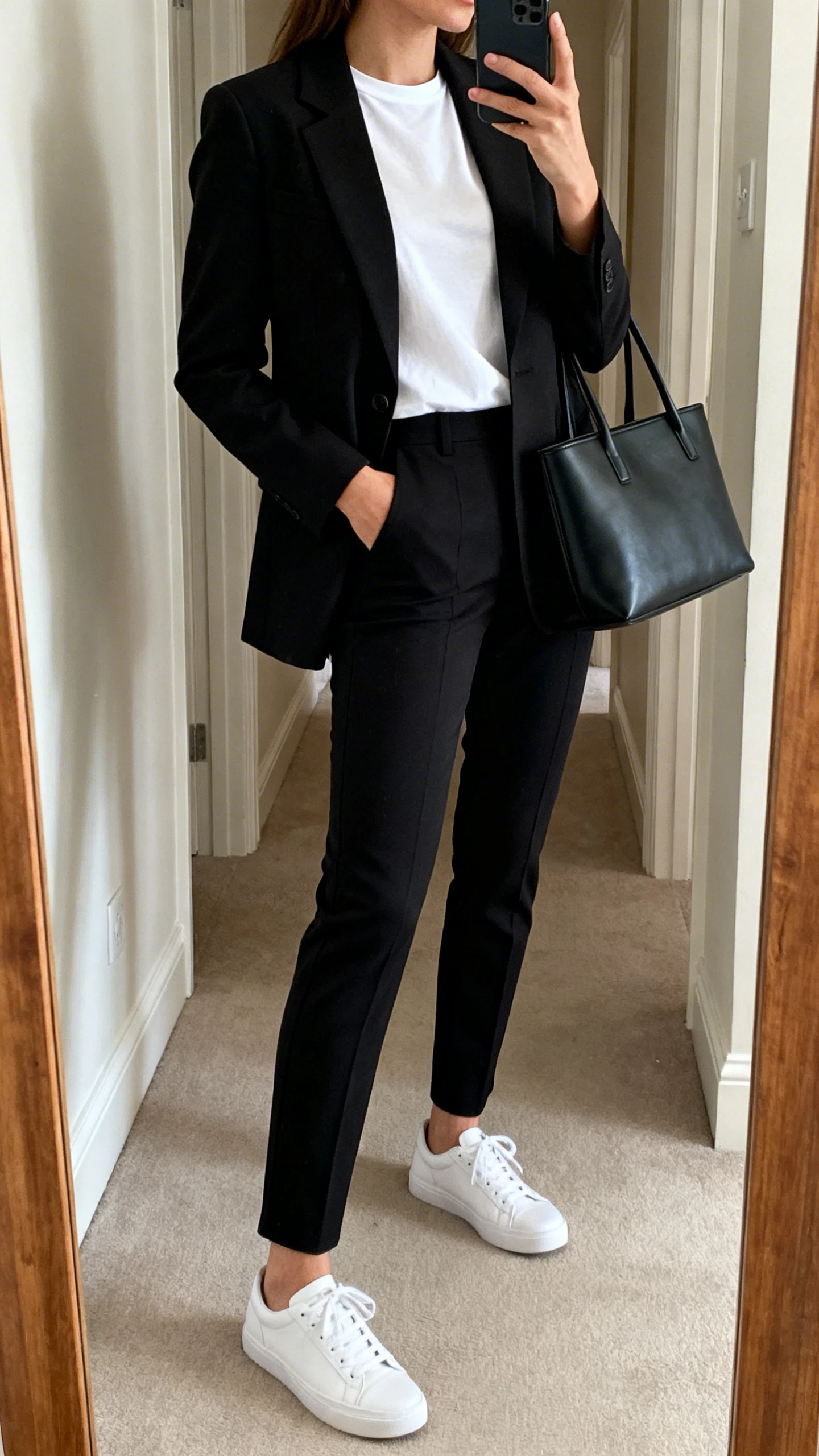 iPhone mirror selfie of a woman in a tailored black blazer over a crisp white tee, slim black trousers, white sneakers, and a structured black tote, face not visible, side angle in hallway mirror, soft indoor lighting, iPhone photo quality.