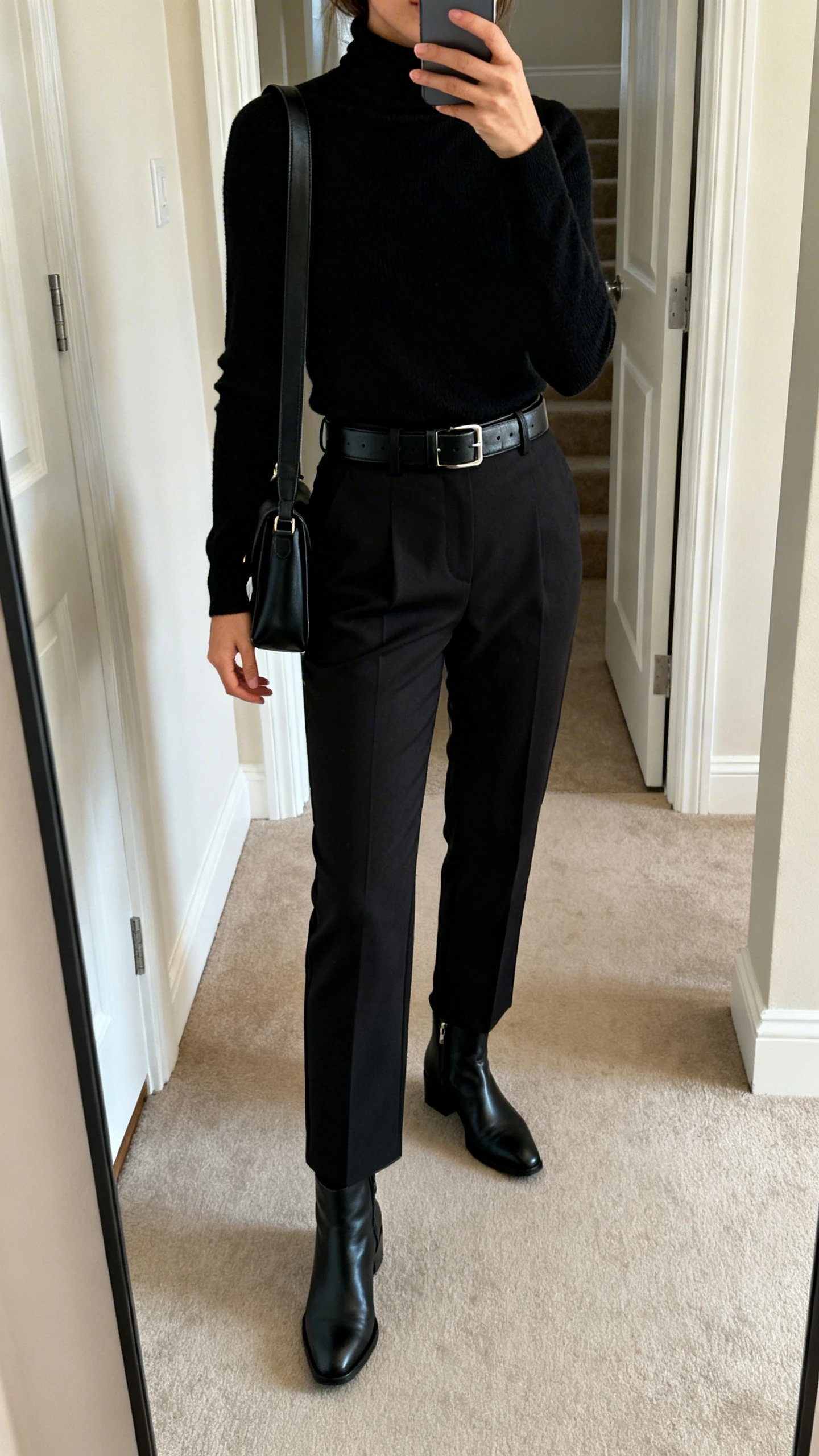 iPhone mirror selfie of a woman in an all-black look: black turtleneck, tailored black trousers, black ankle boots, black leather belt, and a black shoulder bag, face not visible, cropped at neck, entryway mirror, soft morning light, iPhone photo quality.