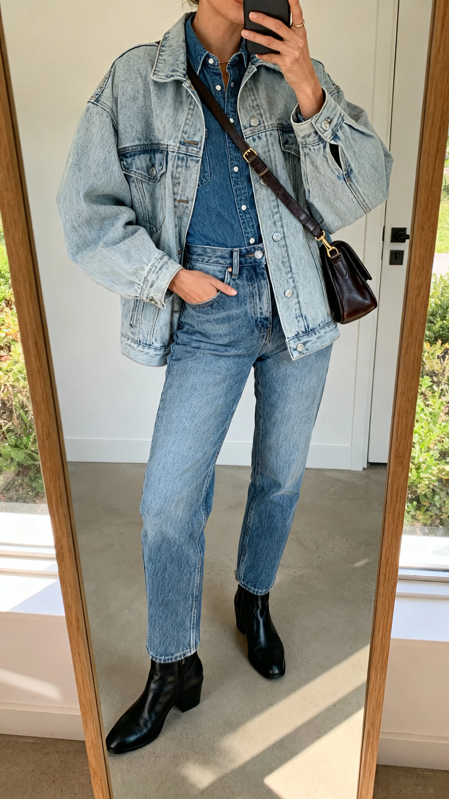 iPhone mirror selfie of a woman in denim-on-denim: light-wash oversized trucker jacket over a mid-wash fitted denim shirt and straight jeans, black ankle boots, and a leather crossbody, face not visible, cropped at neck, full-length mirror, natural afternoon light, iPhone photo quality.
