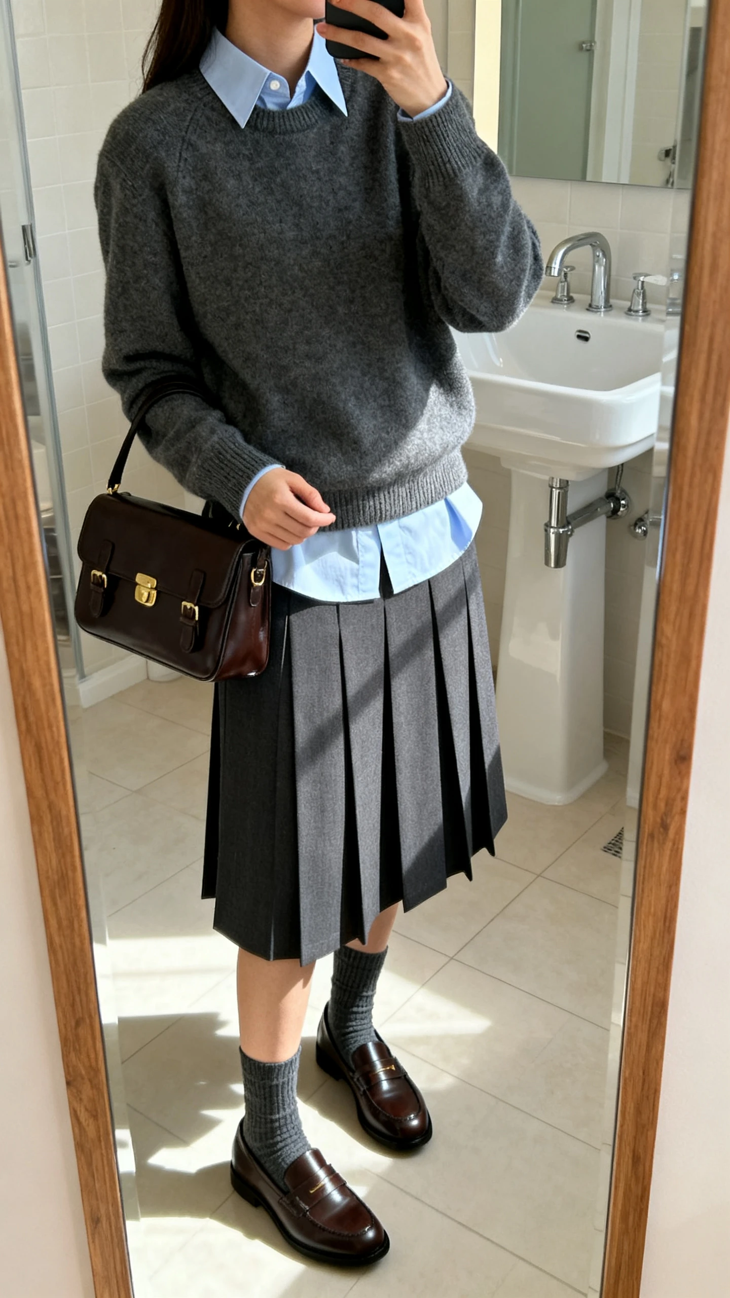 iPhone mirror selfie of a woman in modern prep: crisp Oxford shirt under a crewneck sweater, tailored pleated skirt, classic loafers with socks, and a structured satchel, face not visible, cropped at neck, bathroom mirror, bright indoor lighting, iPhone photo quality.