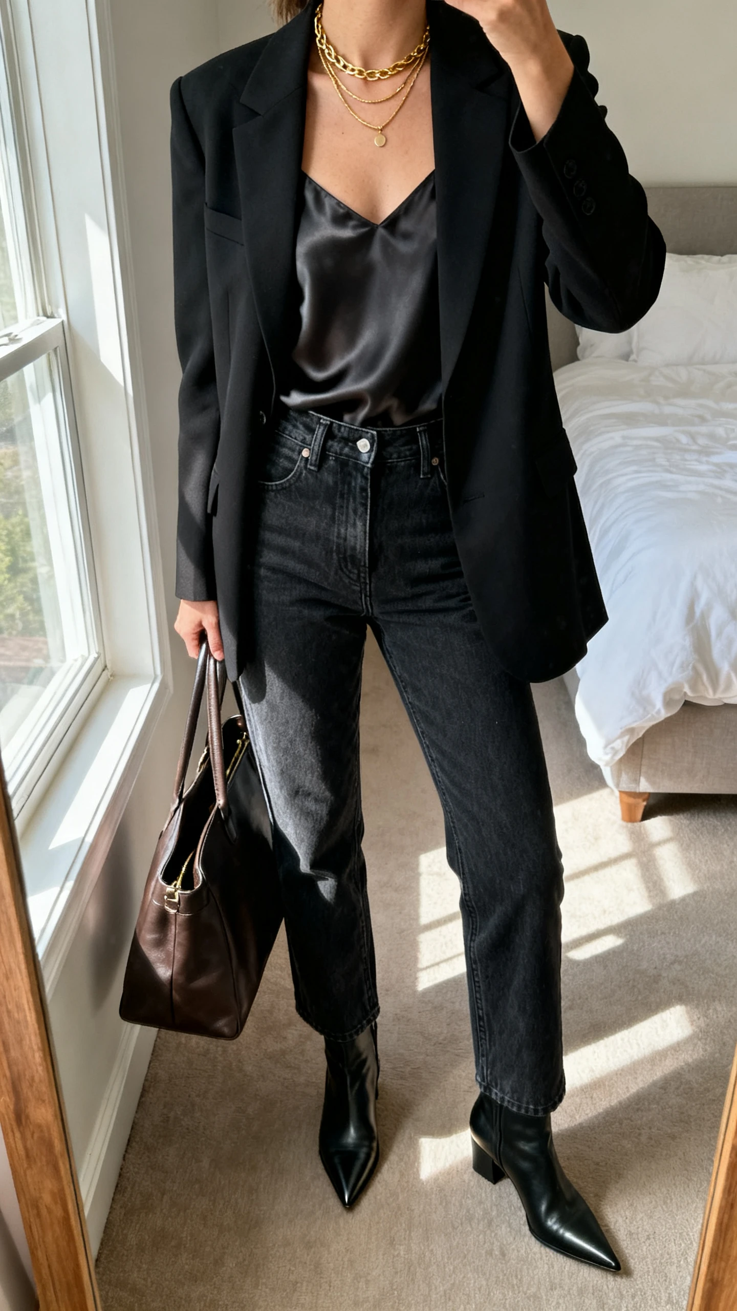 iPhone mirror selfie of a woman wearing a black tailored blazer over a silk camisole, high-rise straight-leg dark-wash jeans, pointed-toe ankle boots, delicate gold layered necklaces, and carrying a leather tote; face not visible, cropped at neck, bedroom mirror, morning window light, iPhone photo quality.
