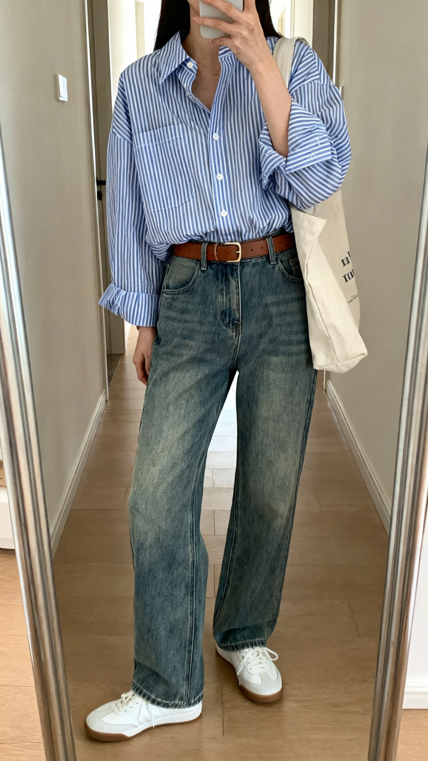 iPhone mirror selfie of a woman wearing a blue-and-white striped oversized button-down tucked into high-rise vintage-wash jeans, white sneakers, brown leather belt, and a canvas tote, face not visible, cropped at shoulders, hallway full-length mirror, natural daylight, iPhone photo quality.