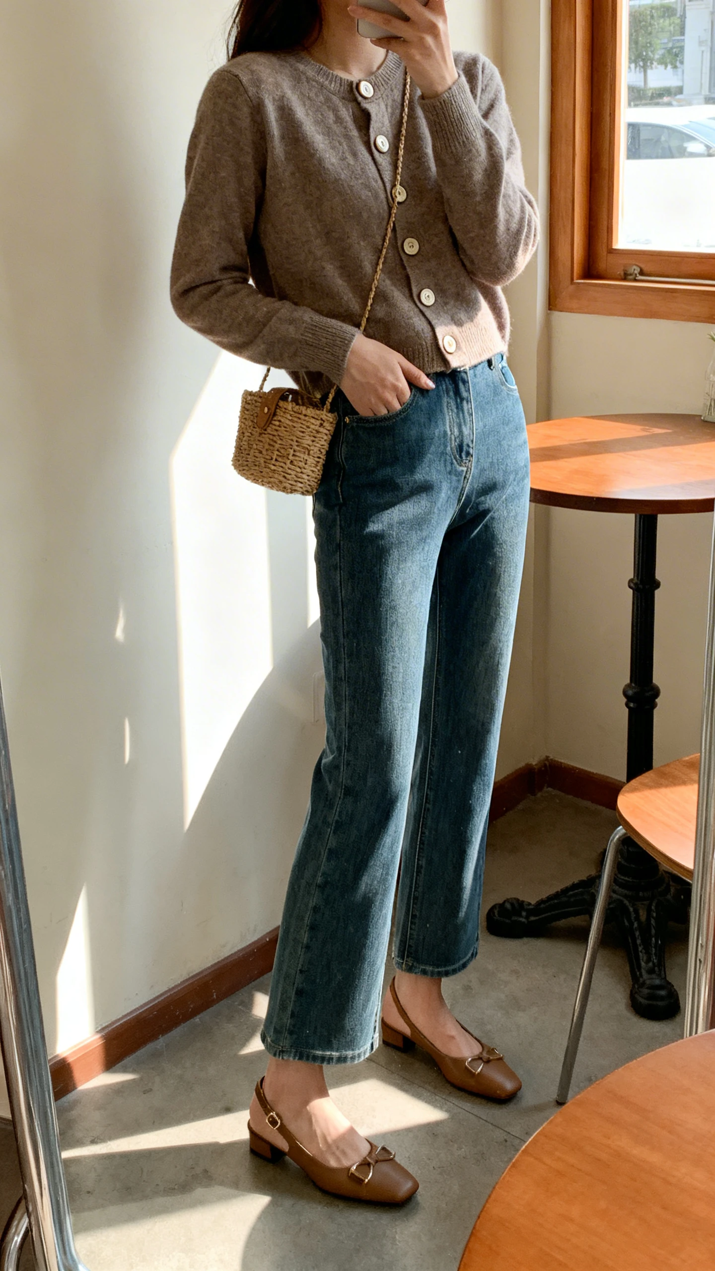 iPhone mirror selfie of a woman wearing a cardigan buttoned as a top, cropped flare jeans, slingback flats, and a small woven bag, face not visible, side angle, cafe-style corner at home with window light, iPhone photo quality.