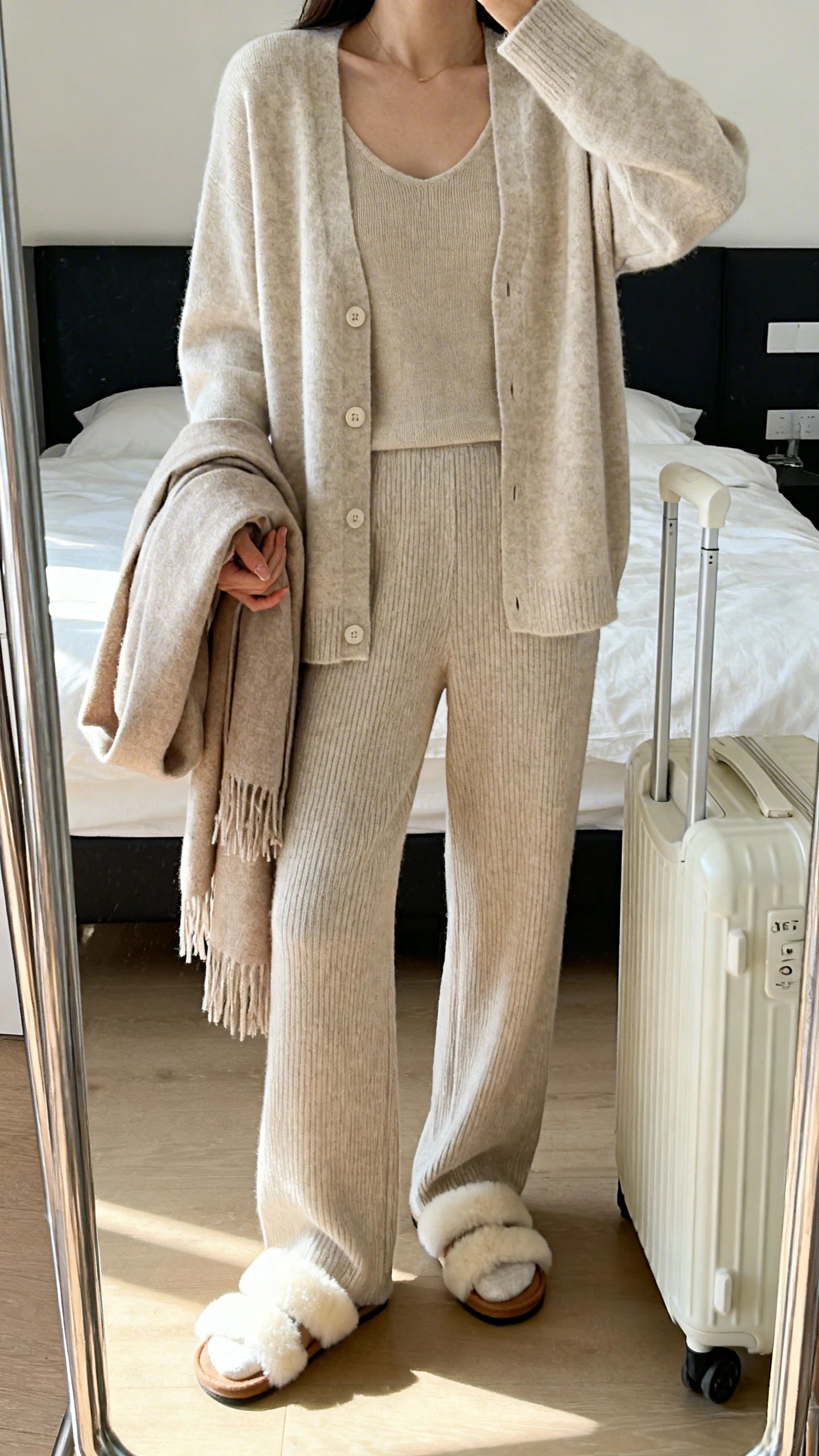 iPhone mirror selfie of a woman wearing a cashmere cardigan set (cardigan plus matching shell) with soft knit trousers, shearling-lined slides, a cashmere scarf draped over arm, and a minimalist carry-on; face not visible, cropped at shoulders, bedroom mirror, gentle morning light, iPhone photo quality.