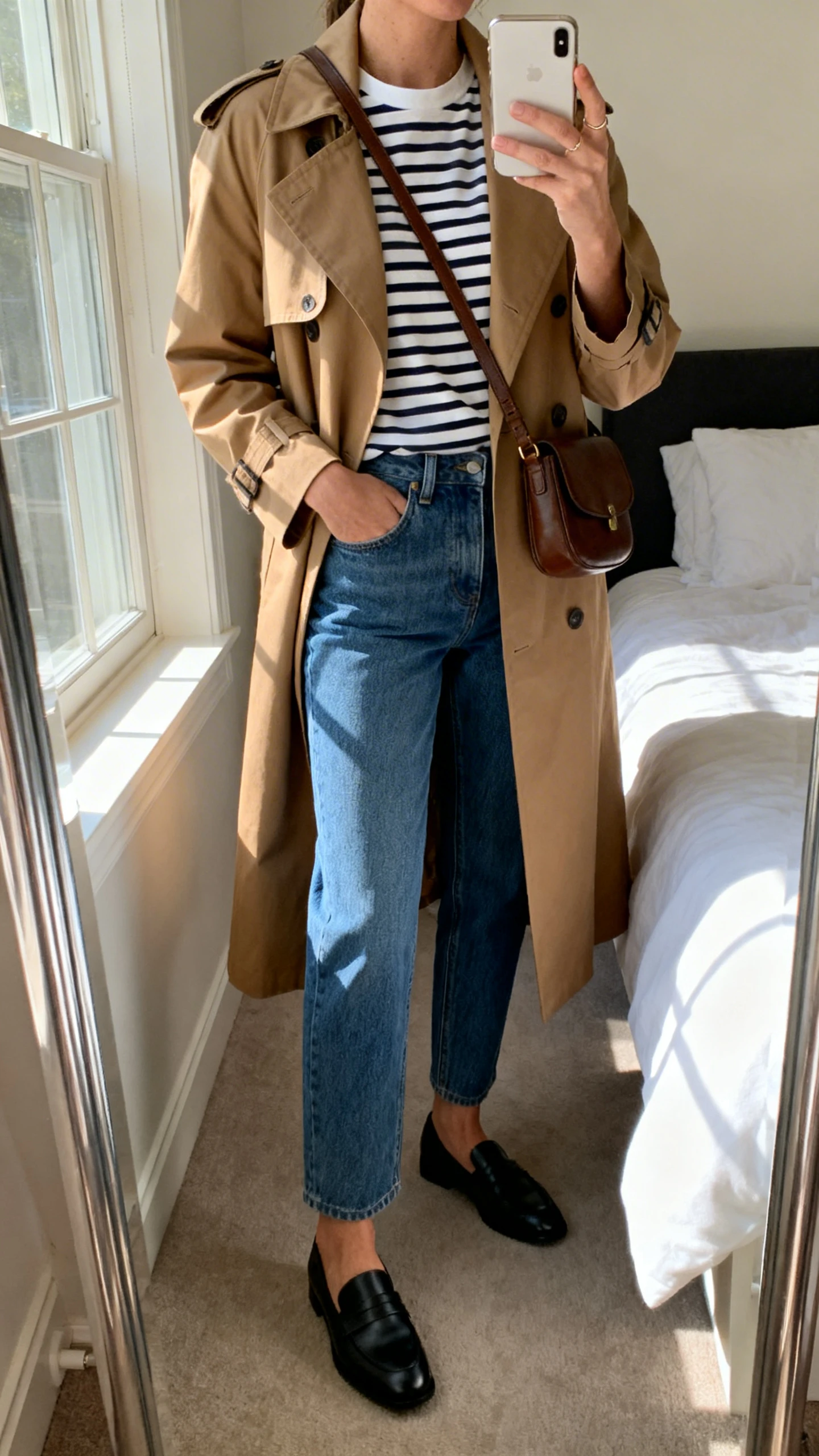 iPhone mirror selfie of a woman wearing a classic Breton striped tee, camel trench coat, straight-leg blue jeans, black loafers, and a simple leather crossbody, face not visible, cropped at neck, bedroom mirror, morning window light, iPhone photo quality.