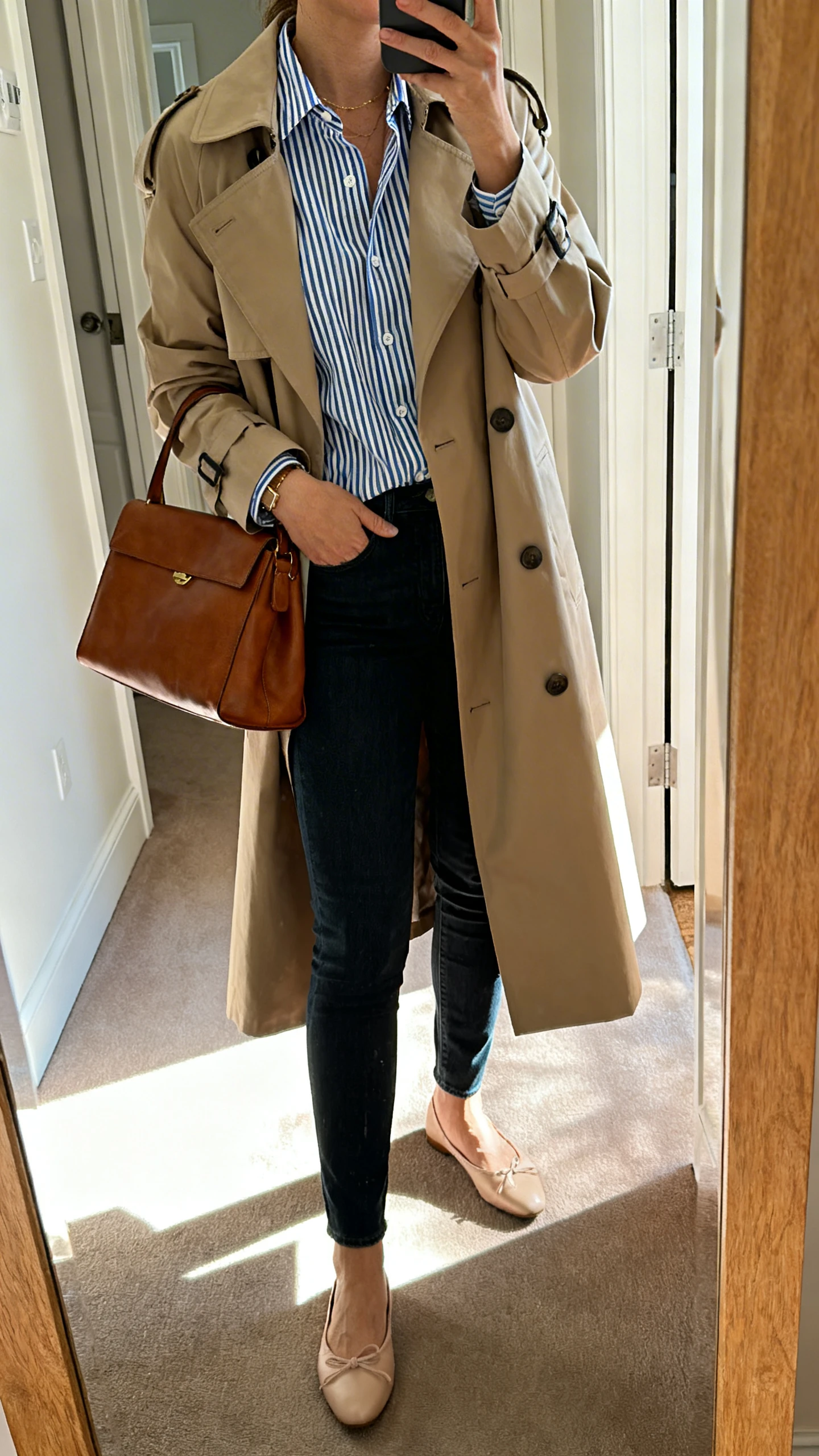 iPhone mirror selfie of a woman wearing a classic trench coat over a blue-and-white striped button-up, slim dark jeans, ballet flats, and a leather tote, face not visible, cropped at neck, entryway mirror with morning light, iPhone photo quality.