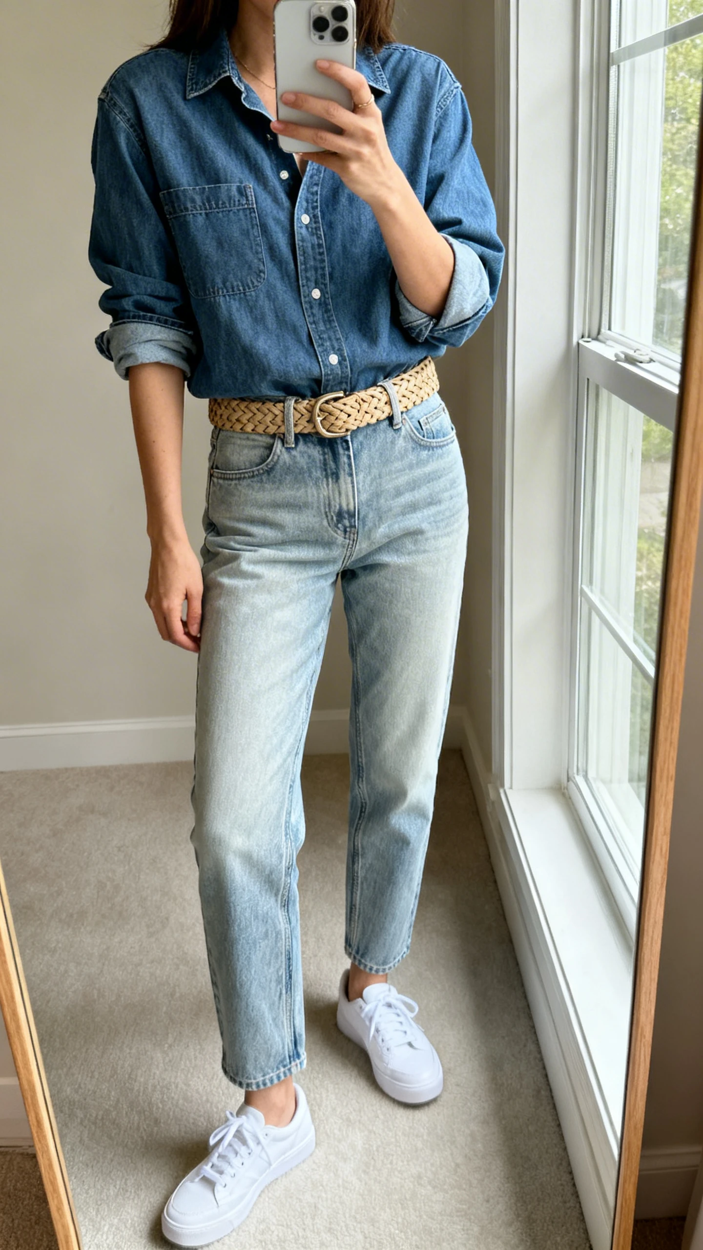 iPhone mirror selfie of a woman wearing a denim shirt tucked into lighter-wash high-rise jeans, white sneakers, and a woven belt, sleeves rolled, face not visible, cropped at shoulders, full-length mirror near a window, natural daylight, iPhone photo quality.