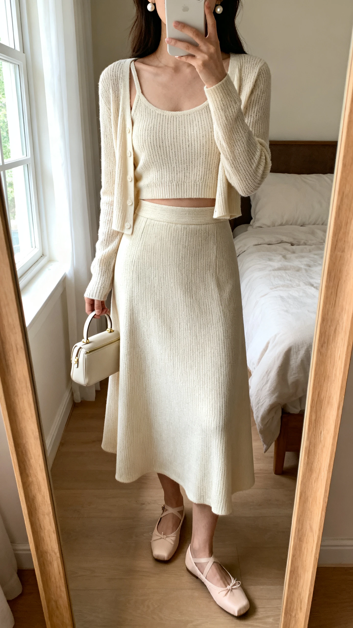 iPhone mirror selfie of a woman wearing a matching cardigan set (fine-knit tank and cropped cardigan) with high-waist A-line skirt, ballet flats, pearl studs, and a small top-handle bag, face not visible, cropped at shoulders, bedroom mirror, soft window light, iPhone photo quality.
