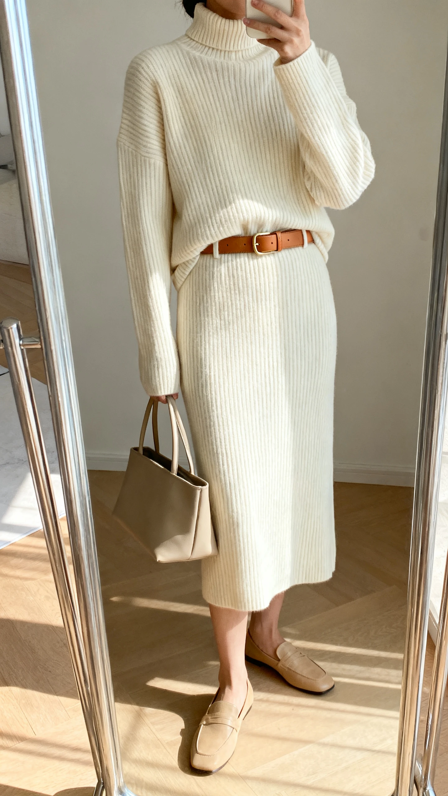 iPhone mirror selfie of a woman wearing a minimalist monochrome knit set: cream ribbed turtleneck sweater with matching knit midi skirt, tan leather belt, beige loafers, and a structured tote, face not visible, cropped at neck, bright morning light, iPhone photo quality.