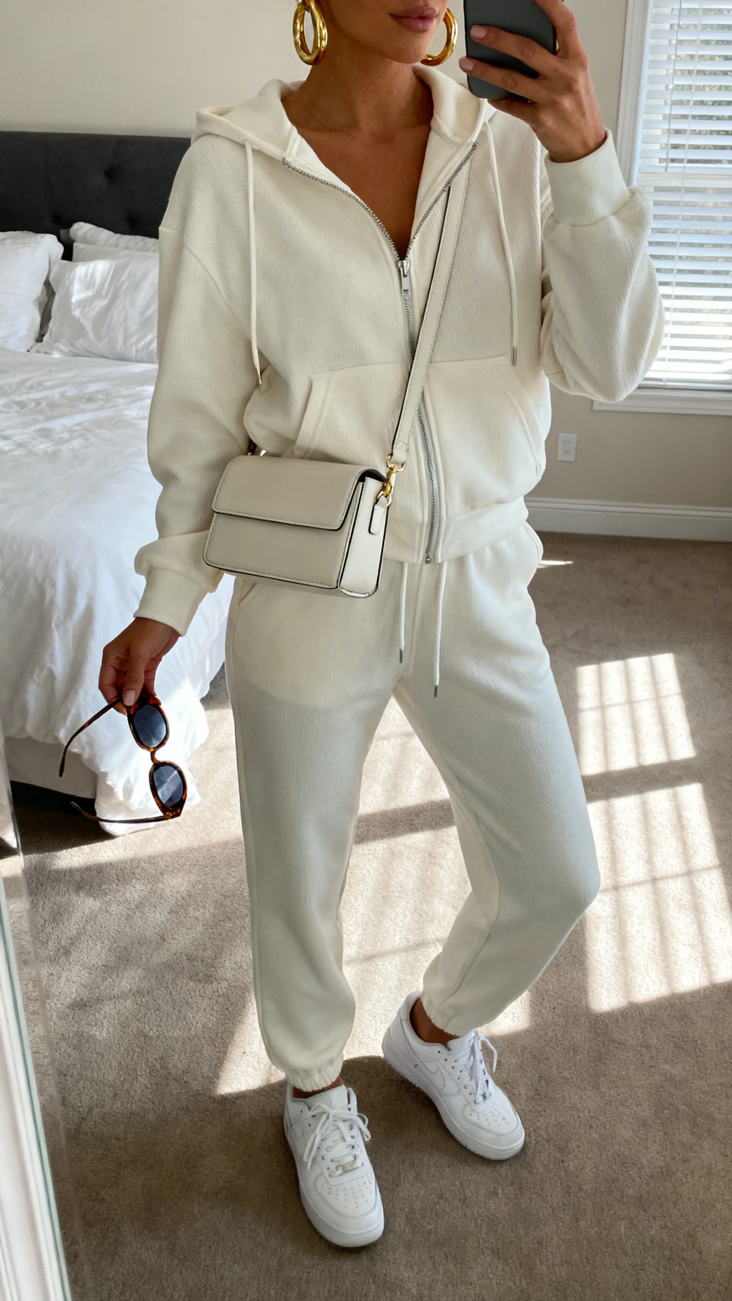 iPhone mirror selfie of a woman wearing a monochrome track set (matching zip-up hoodie and joggers) with sleek white sneakers, chunky gold hoops, a structured mini crossbody, and oversized sunglasses in hand; face not visible, cropped at neck, bedroom mirror, morning window light, iPhone photo quality.