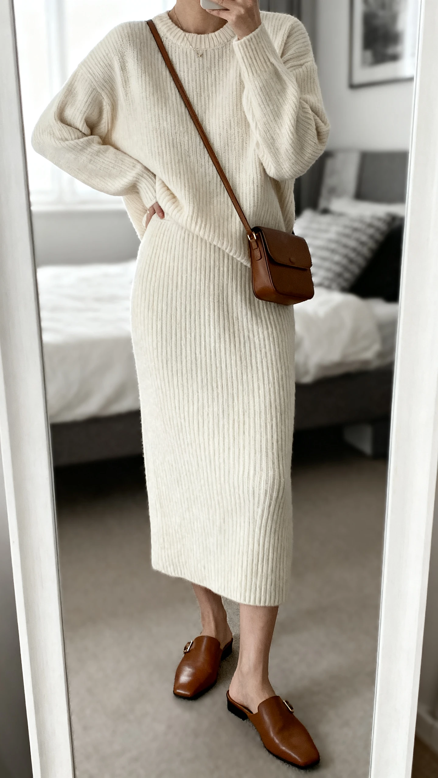 iPhone mirror selfie of a woman wearing a monochrome knit set (ribbed sweater and matching knit midi skirt) in cream, minimalist leather mules, and a slim crossbody, face not visible, cropped at neck, bedroom mirror, diffused window light, iPhone photo quality.