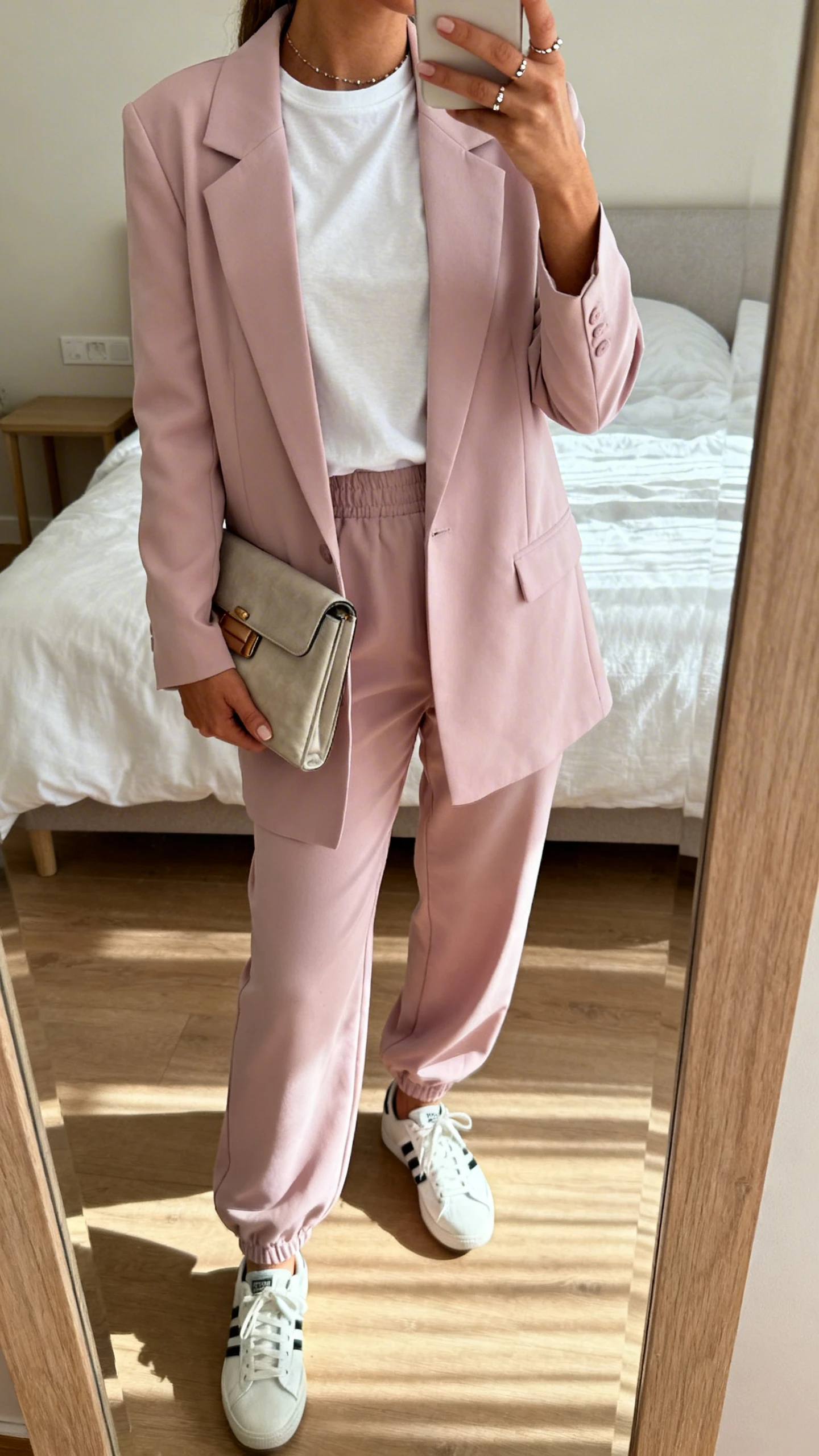 iPhone mirror selfie of a woman wearing a pastel suit (blazer and relaxed trousers) with a plain white tee and clean sneakers, delicate studs, and a clutch tucked under arm, face not visible, cropped at neck, bedroom mirror with natural morning light, iPhone photo quality.