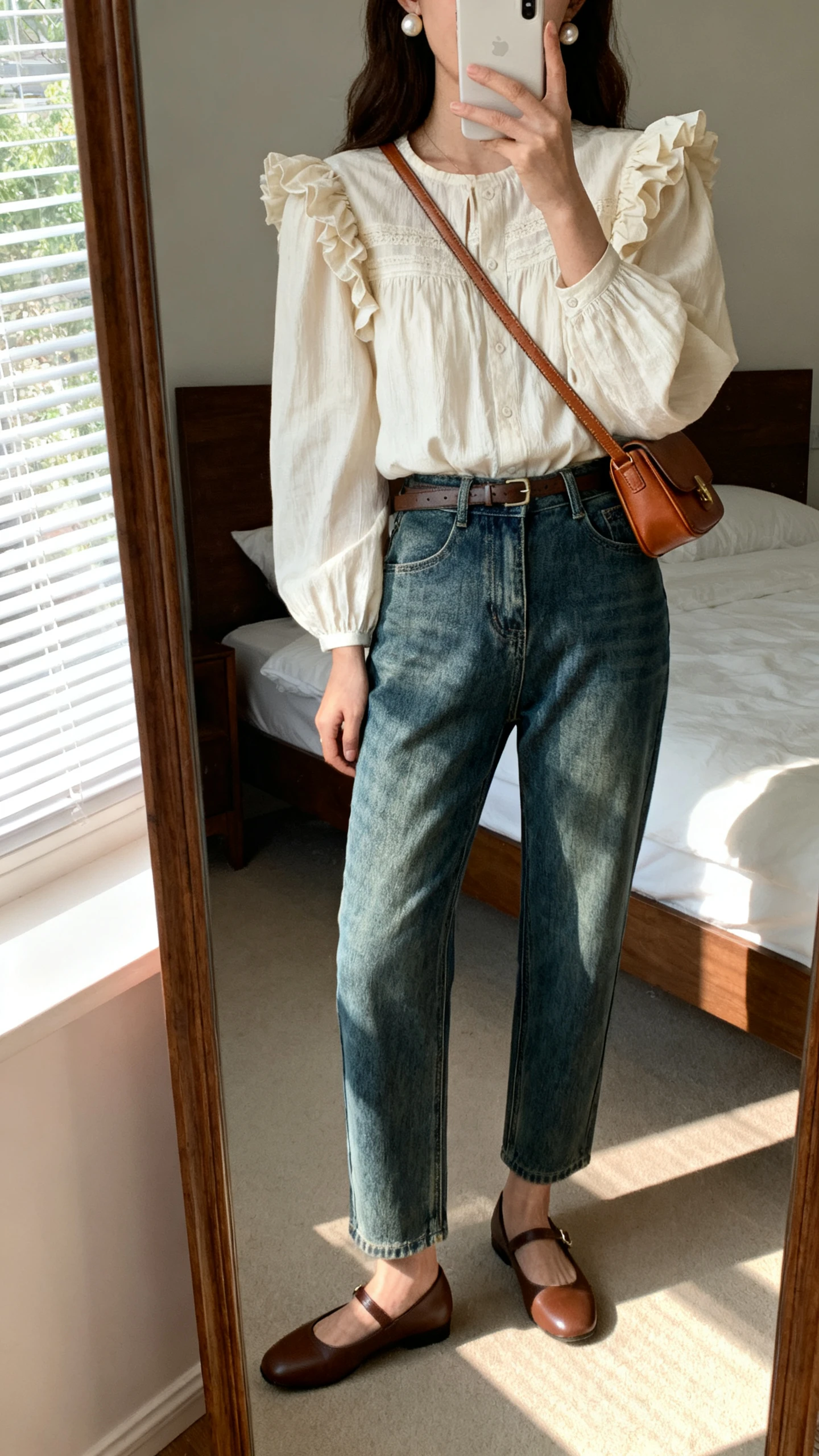 iPhone mirror selfie of a woman wearing a romantic blouse with ruffles and puff sleeves tucked into vintage high-waisted straight-leg jeans, Mary Jane flats, pearl studs, and a small leather shoulder bag, face not visible, bedroom mirror, morning window light, iPhone photo quality.