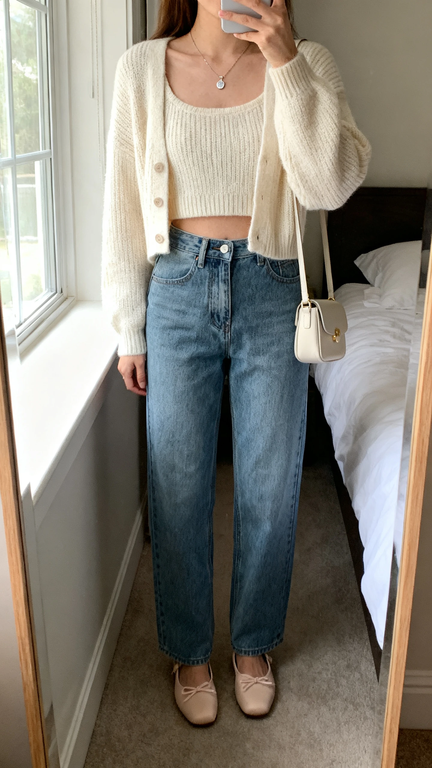 iPhone mirror selfie of a woman wearing a soft-girl sweater set (cropped cardigan and matching knit tank) with high-waisted straight jeans, delicate pendant necklace, mini shoulder bag, and ballet flats, face not visible, cropped at neck, bedroom mirror, morning window light, iPhone photo quality.