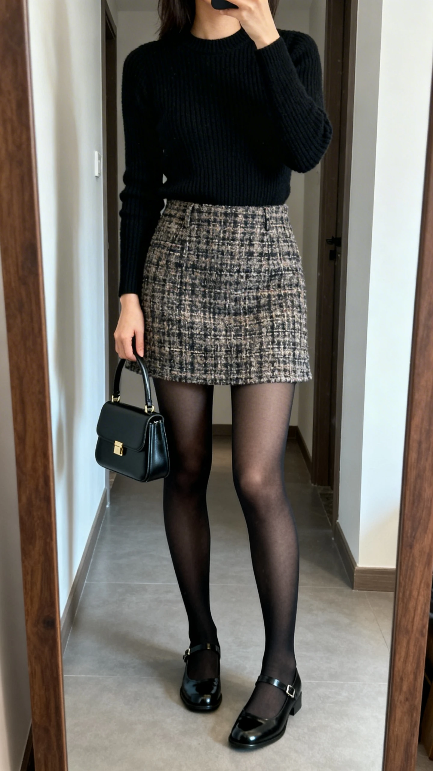 iPhone mirror selfie of a woman wearing a tweed mini skirt, opaque black tights, a fitted black knit, black Mary Janes, and a mini top-handle bag, face not visible, cropped at neck, hallway mirror, cool indoor light, iPhone photo quality.