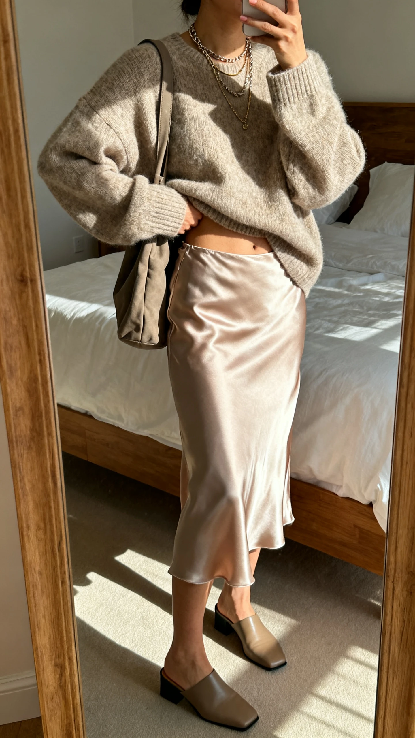 iPhone side-angle selfie of a woman wearing a cozy oversized sweater half-tucked into a satin slip skirt, low block-heel mules, layered necklaces, and a slouchy shoulder bag, face not visible, bedroom full-length mirror, natural afternoon light, iPhone photo quality.